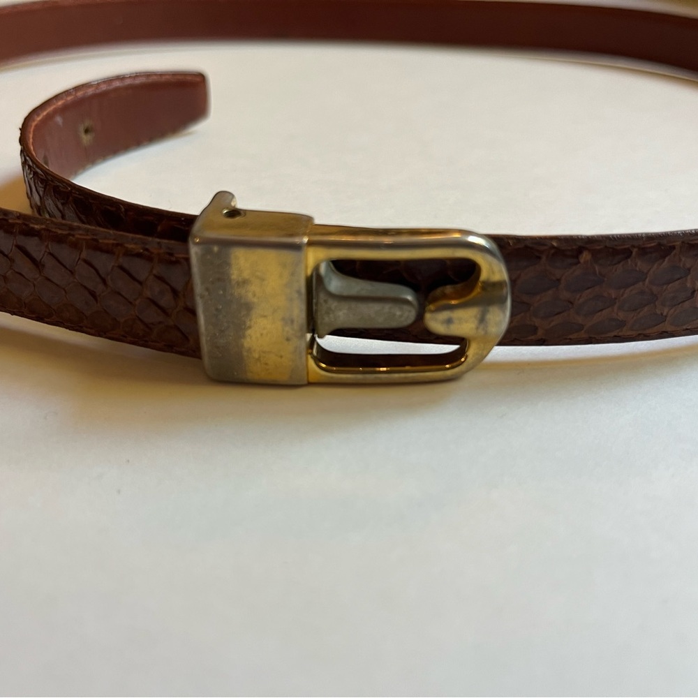 Vintage Women’s Brown Leather Snake Skin Belt with Gold Buckle